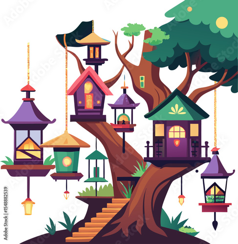 Magical treehouse village with hanging lanterns, flat vector illustration with white background.