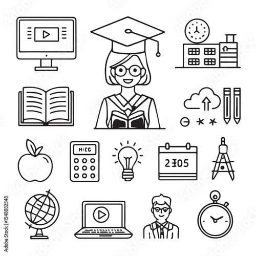 14 set of school icons .education, learning, graduation, teacher, E-learning, Learning, school, college, University, Multimedia class, Books, Earth, Scholarship, line art