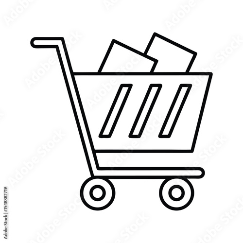 Simple black and white line art illustration of a shopping cart filled with boxes