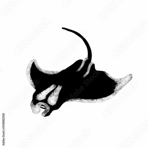 Black and White Illustration of a Swimming Manta Ray Silhouette
