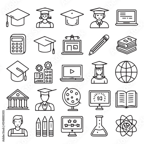 25 set of school icons. education, learning, graduation, teacher, E-learning, Learning, school, college, University, Multimedia class, Scholarship, line art, line icons. vector illustration