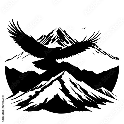 A silhouetted vector of an eagle with wings spread wide flying past mountain peaks.