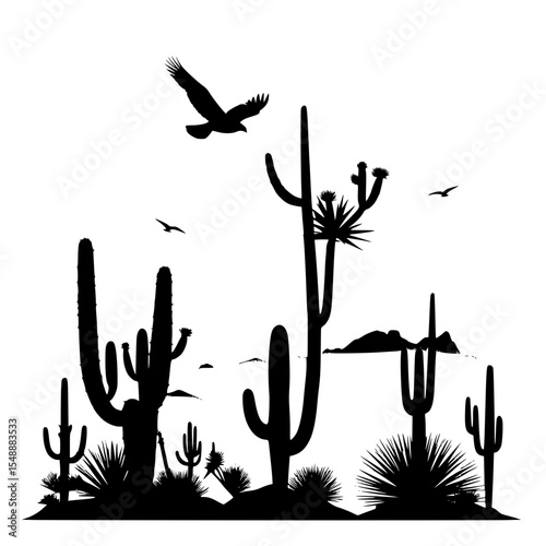 A silhouetted vector of a desert landscape with tall cacti and a hawk soaring overhead.”