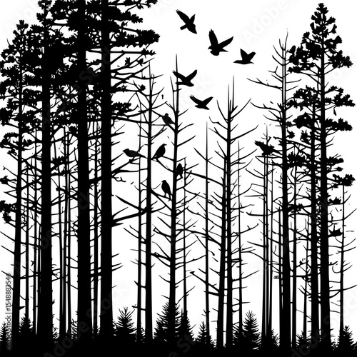 “A silhouetted vector of a dense pine forest with birds perched on branches, sharp shapes on white background.”