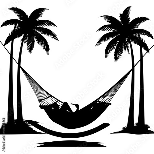 “A silhouetted vector of a tropical beach with palm trees and a hammock swinging gently.”