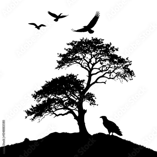 A silhouetted vector of a lone oak tree on a hill with an eagle flying above, crisp black shapes on white.”