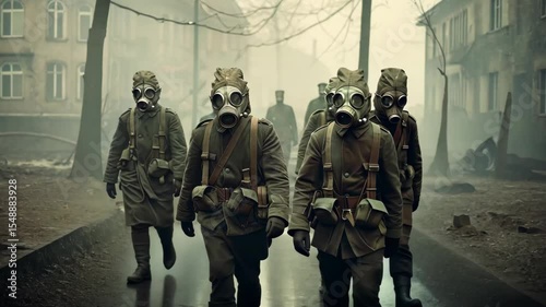 Soldiers in gas masks march through a foggy landscape during World War I, showcasing the chilling realities of warfare and the use of chemical weapons in battle