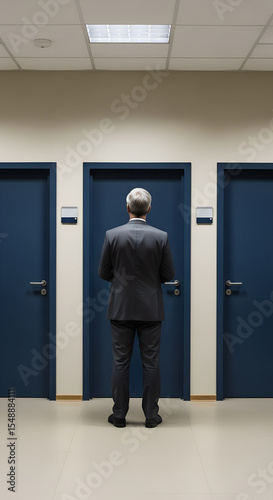A businessman is at an impasse: three identical doors as a symbol of the illusion of choice, the lack of career growth, and the inability to move forward on the career ladder.