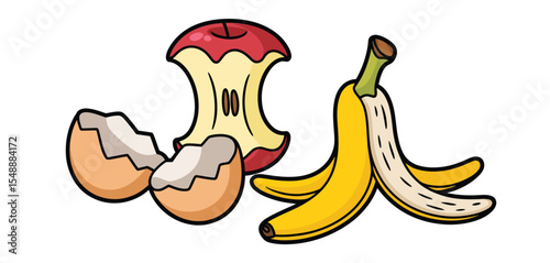 Food Waste Illustration with Apple, Banana, and Egg