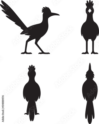 Roadrunner bird silhouette icons set side, front, back, and top views vector art illustration
