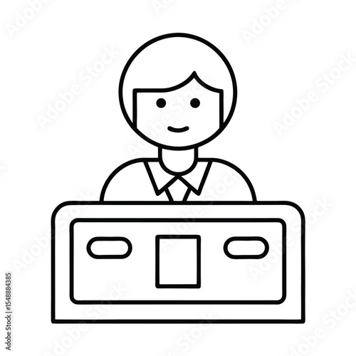 Simple line art illustration of a smiling receptionist at a desk with a user interface display