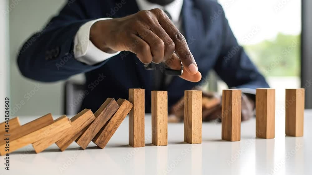 A person in a suit is carefully placing a wooden block to prevent a domino effect