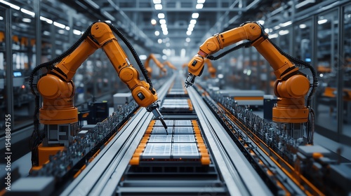 High-tech EV factory production line with robotic arms handling battery modules, modern manufacturing facility in a spacious, clean composition