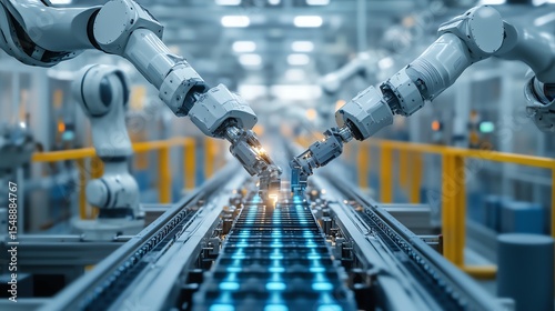Robotic arms assembling EV batteries in futuristic factory, cool tones, geometric precision, automation technology, high-tech manufacturing