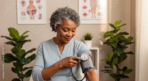 Woman having blood pressure measured in a clinic