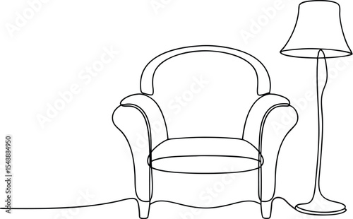 Modern Monoline Living Room Furniture – Armchair and Lamp in Minimal Outline Style for Contemporary Design