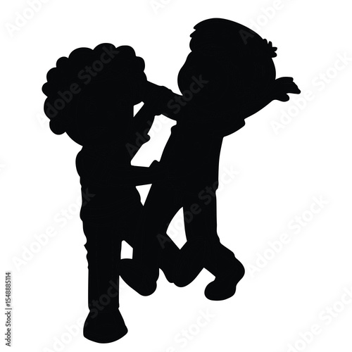 Cute cartoon hand drawn vector kids are fighting silhouette.