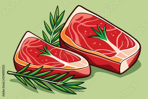 Two pieces of raw steak with rosemary on a light green background