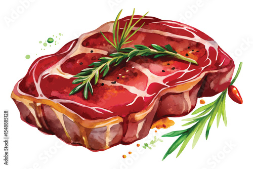 Watercolor Illustration of a Fresh Raw Steak with Rosemary and Pepper