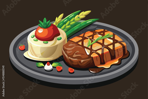 Grilled Steak with Mashed Potatoes Asparagus and Tomato Sauce on Plate