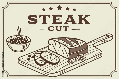 Vintage Steak Cut Illustration with Potatoes on a Wooden Board