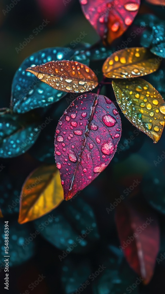 Vibrant, colorful leaves with dew drops Vibrant, colorful leaves with dew drops