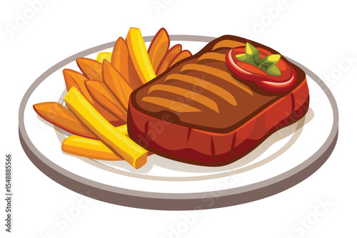 Grilled Steak with French Fries and Tomato Sauce on a Plate