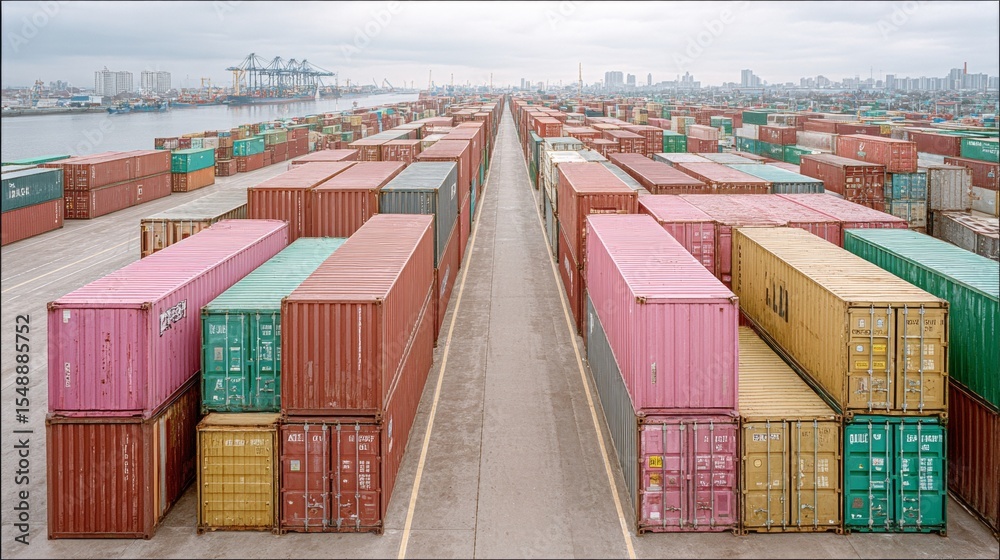 Fototapeta premium Vast shipping container yard with rows of multicolored containers