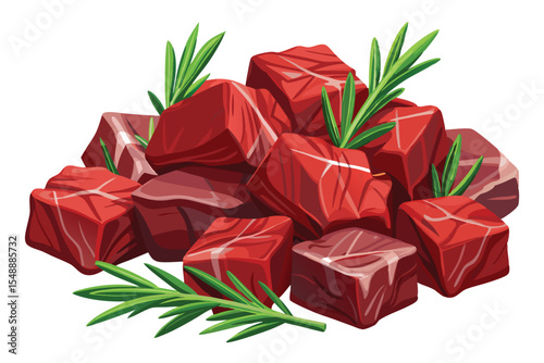 Diced Beef with Rosemary Sprigs Fresh and Ready to Cook