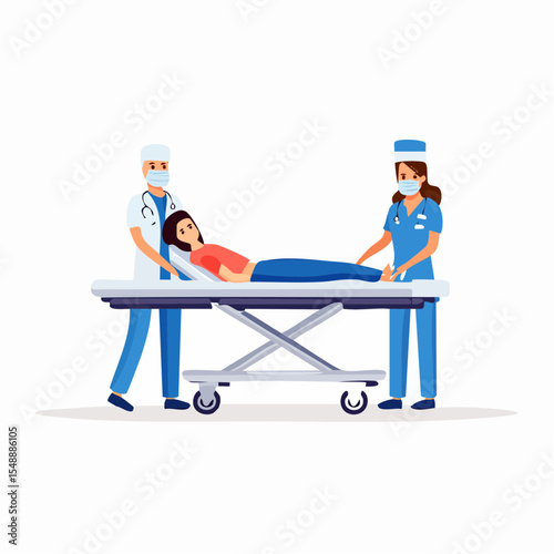 Emergency scene with stretcher and two medics, ideal for trauma care, rescue services, or health apps.