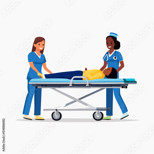 Emergency scene with stretcher and two medics, ideal for trauma care, rescue services, or health apps.