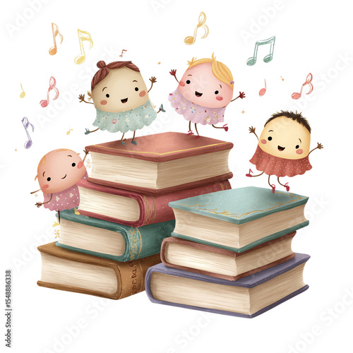 Kawaii books dancing with musical notes and smiling faces --v 7.0 --no background --p fig9u4r