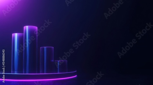 Abstract geometric neon gradient background with cylindrical podiums and platform