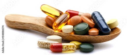 Diverse pharmaceutical tablets and capsules elegantly arranged on a wooden spoon