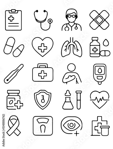 Medical icons set: doctor, pills, stethoscope, heart, bandage, thermometer, first-aid kit, blood test, medicine bottle, health shield, lab test, heartbeat, awareness ribbon, weight scale, eye exam.
