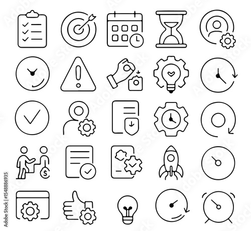 Set of black and white icon with different object representing time management and planning related things
