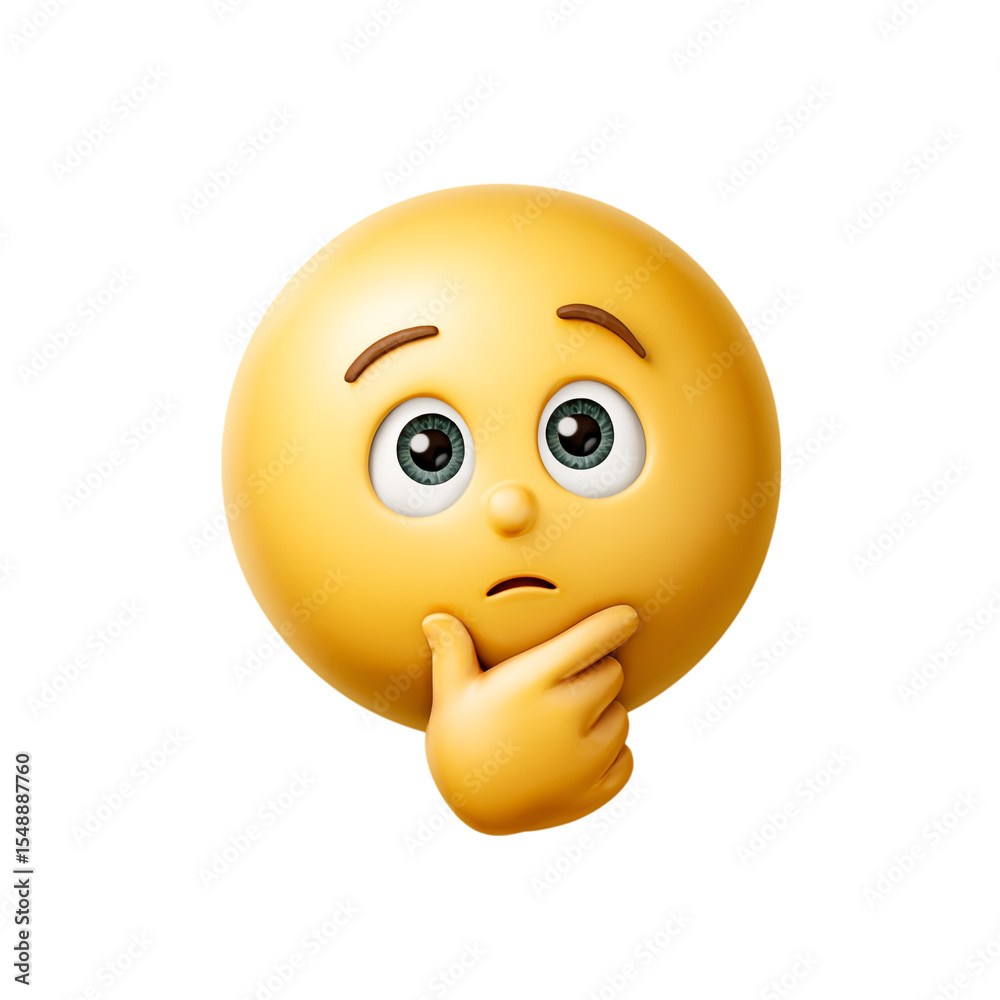 Fototapeta premium Thinking face emoji with hand on chin, no background 