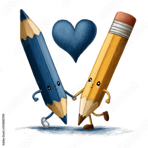 Two cartoon pencils drawing a heart together, no background 