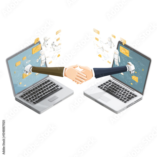 Two laptops with digital characters reaching through screens to high five, no background 