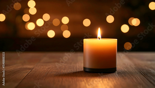 Glowing Candle on Wooden Table with Warm Bokeh Lights Background