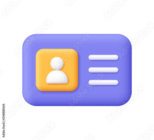 Purple Id card, identity badge, driver license with user profile icon. Business, security, identity, authentication and employee badges concept. 3d vector icon. Cartoon minimal style.