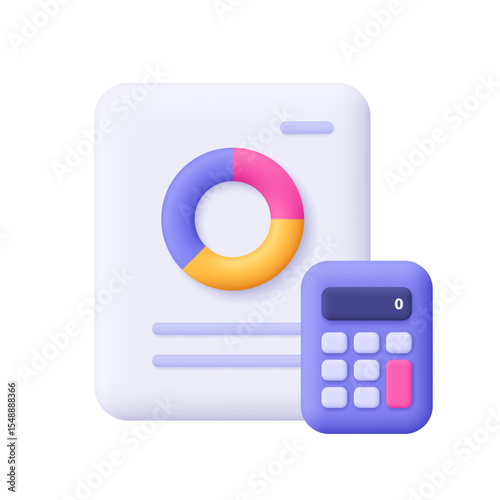 Financial report document with diagram pie chart and a calculator. Business finance report, data analysis, financial planning concept. 3d vector icon. Cartoon minimal style.