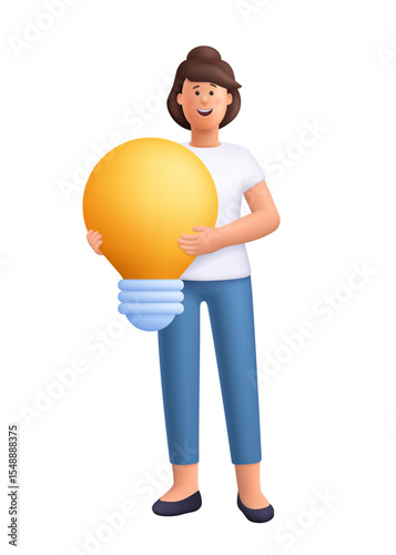 Young smiling woman Jane holding a large yellow light bulb. Creativity innovation, inspiration and idea concept. 3d vector people character. Cartoon minimal style.