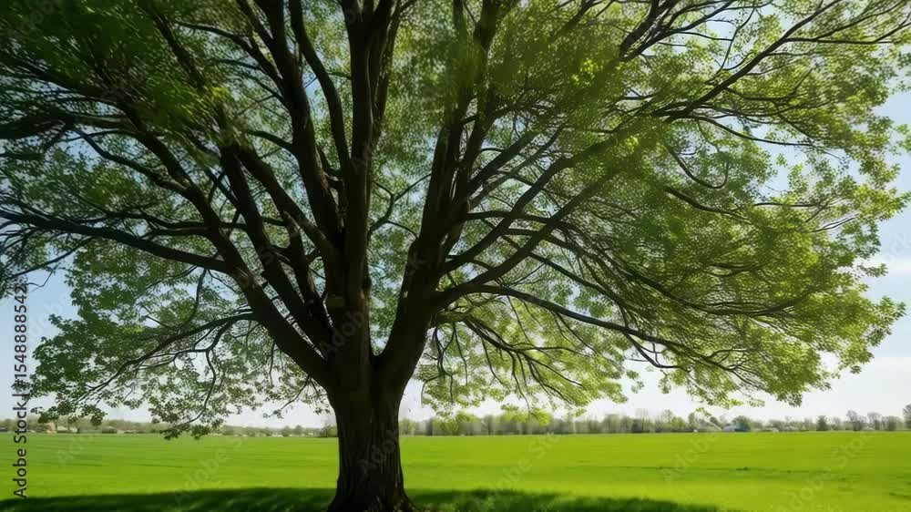 A large tree stands in a vibrant green field under a bright sunny sky A large tree stands in a vibrant green field under a bright sunny sky