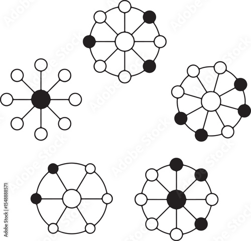Geometric Arrangement of Five Circular Diagrams Depicting Alternating Black and White Nodes Connected by Lines Emanating from a Central Circle