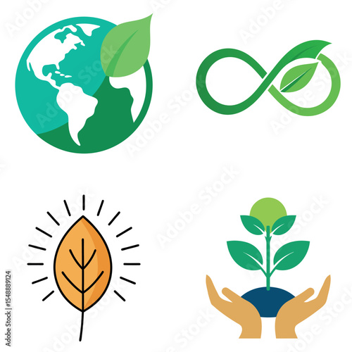 Hand-drawn leaf with sun rays, Green leaf forming infinity symbol, sustainable future concept, Globe with leaf overlay, global eco-awareness. symbol  nature icon set