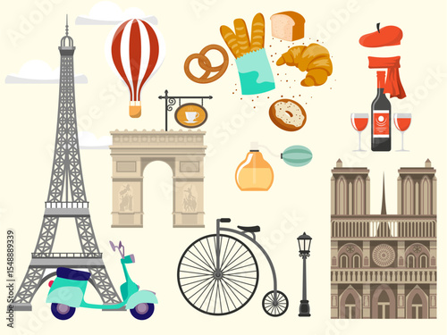 illustration traditional symbols France food architecture French cuisine croissant baguette beret pastries lavender wine grapes cheese