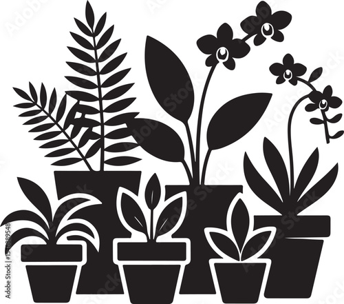 Monochrome Potted Plants Silhouette Assortment A Variety of Shapes and Sizes Creating a Stylish Indoor Garden Decor Element
