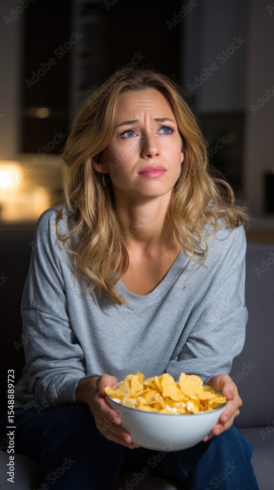 Sad woman watching tv and eating cornflakes on sofa at night Sad woman watching tv and eating cornflakes on sofa at night