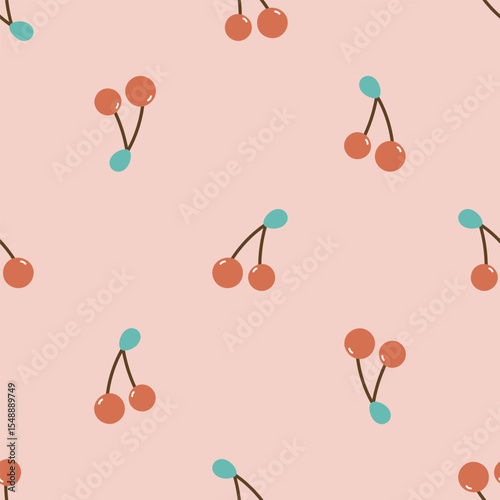 Seamless pattern with cherry. For card, posters, banners, books, printing on the pack, clothes, fabric, wallpaper, textile or dishes.